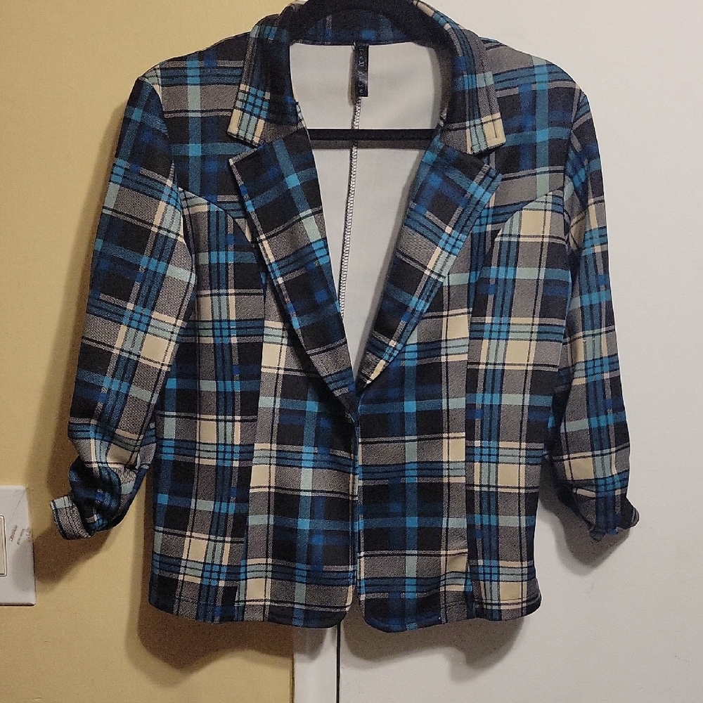 Ashley Blue Ruched Sleeve V-Neck Plaid Kids Blazer - Blue, Black, Cream SZ L